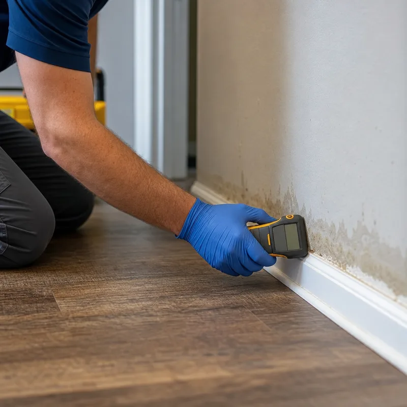 Technician taking moisture meter readings along baseboards and lower drywall after a water leak