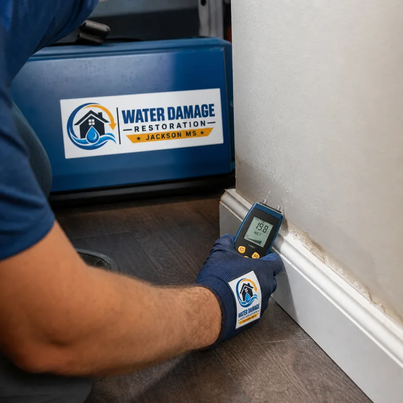 Technician taking moisture meter readings along baseboards and lower drywall after a water leak