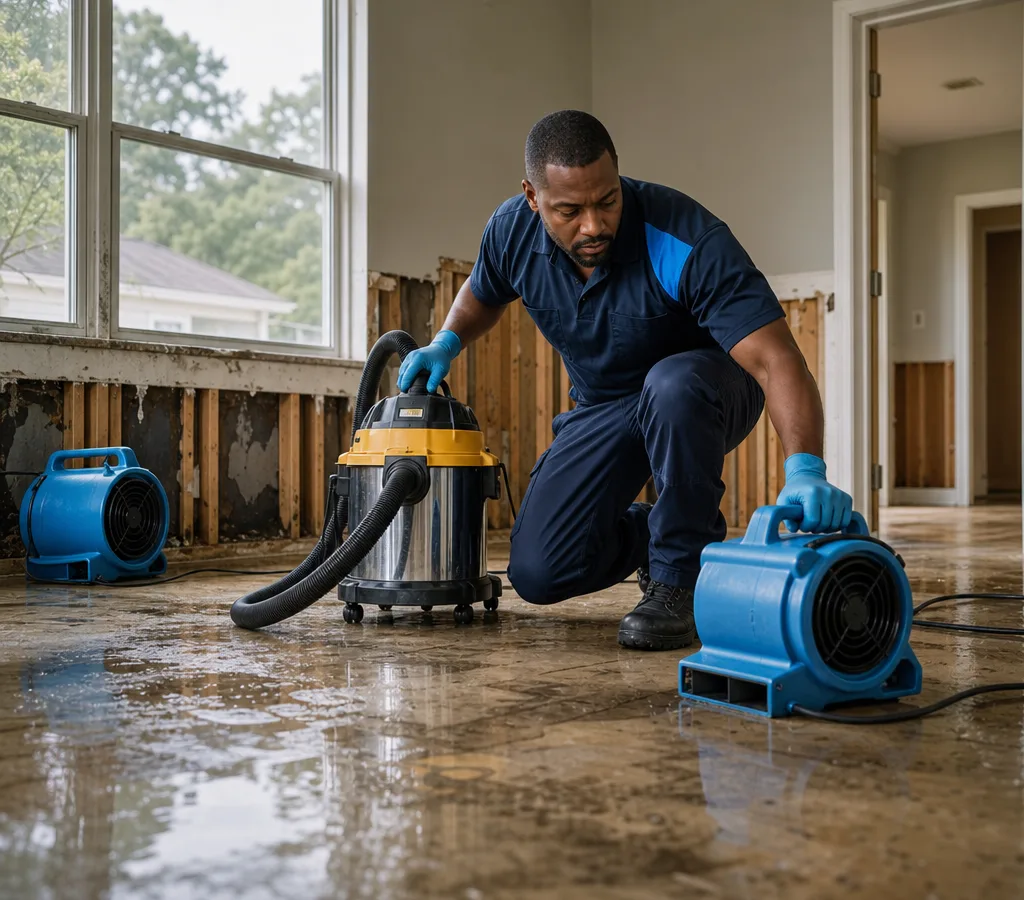 Technician in protective gear extracting water and placing air movers in a Jackson-area home