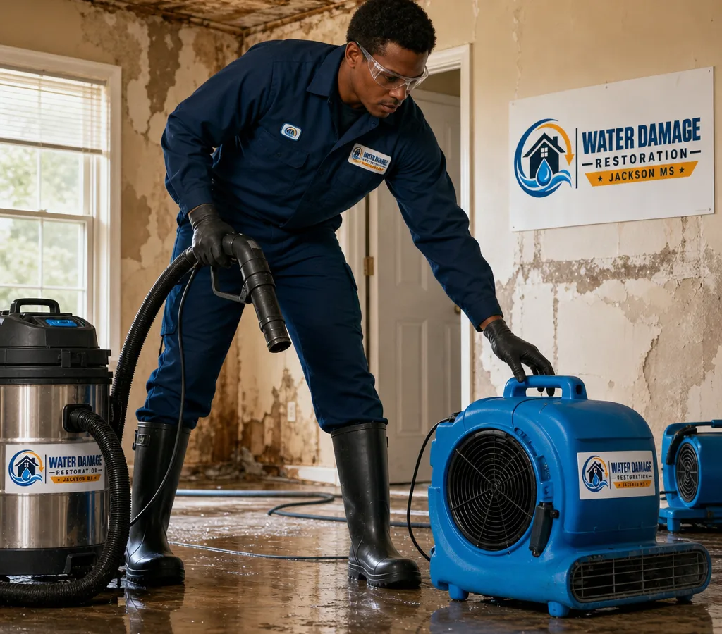 Technician in protective gear extracting water and placing air movers in a Jackson-area home