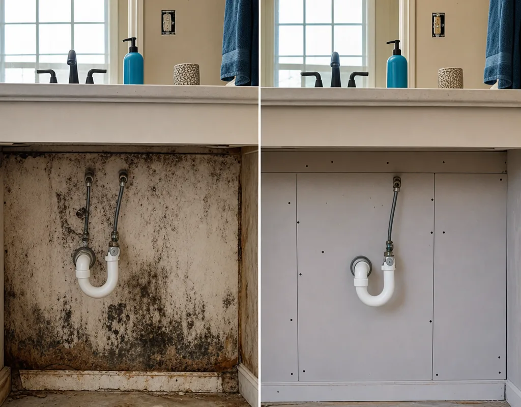 Before-and-after bathroom vanity wall showing mold-damaged drywall followed by cleaned framing and new drywall ready for finishing