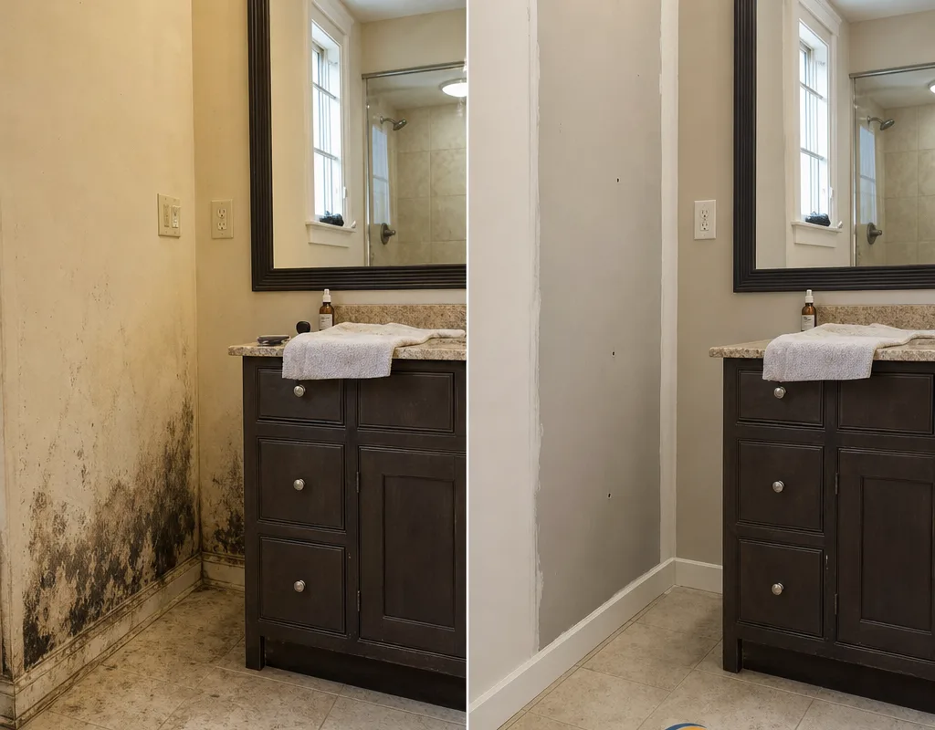 Before-and-after bathroom vanity wall showing mold-damaged drywall followed by cleaned framing and new drywall ready for finishing