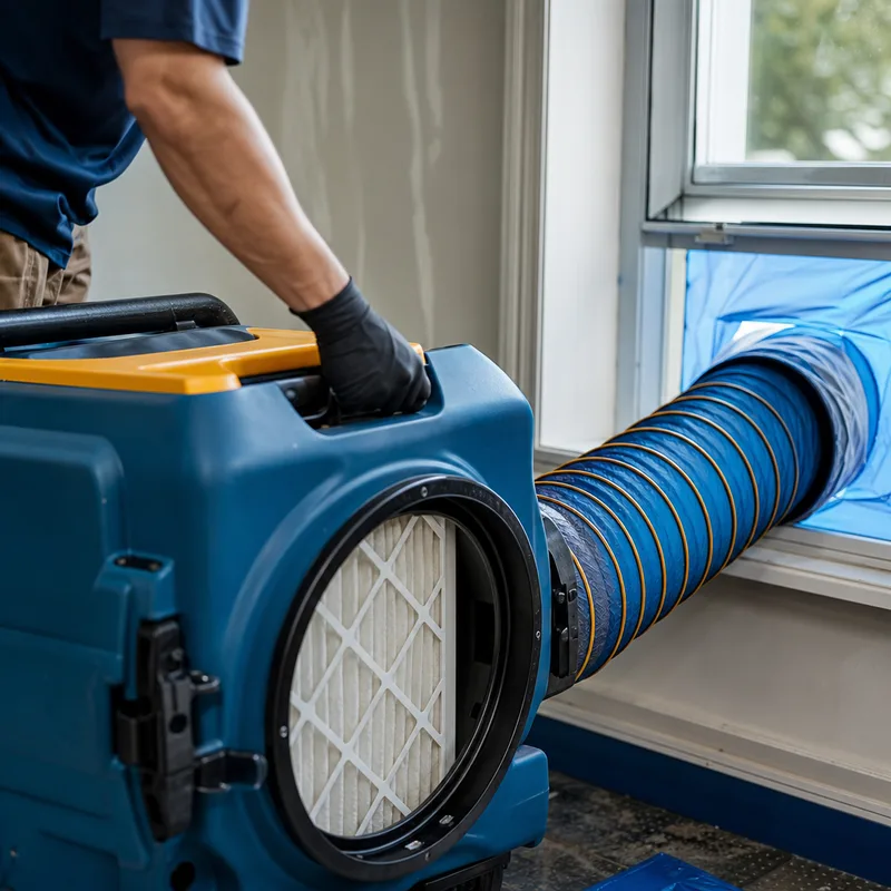 Negative air machine with HEPA filter and ducting routed from a contained room through a window