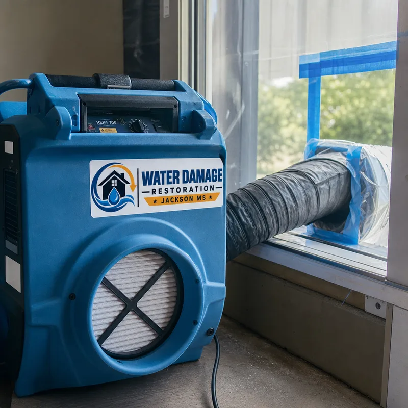 Negative air machine with HEPA filter and ducting routed from a contained room through a window