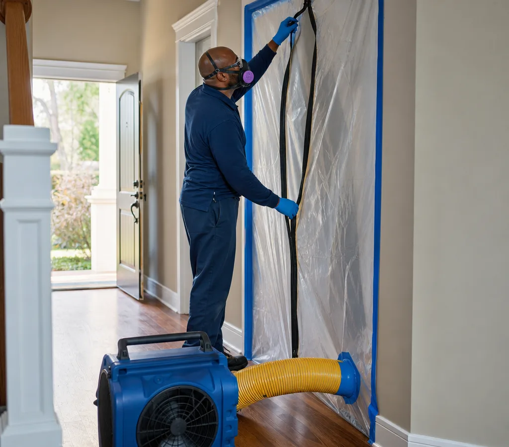 Technician setting up plastic containment and a negative-air machine outside a mold-affected room in a Jackson home