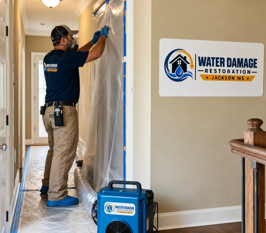 Technician setting up plastic containment and a negative-air machine outside a mold-affected room in a Jackson home