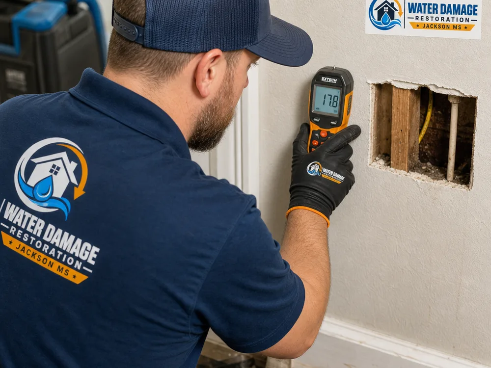 Moisture meter reading on drywall beside an inspection opening used to confirm hidden moisture