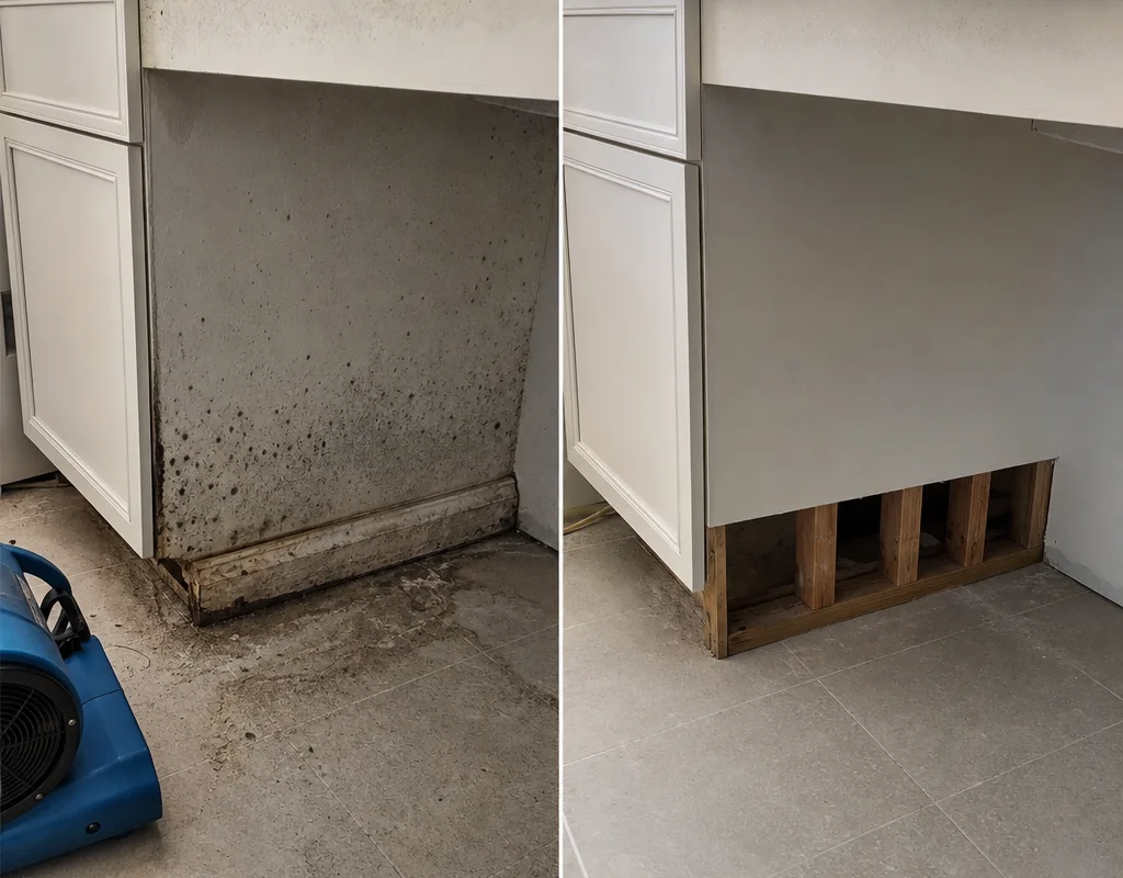 Before and after view of a bathroom vanity wall and baseboard following controlled mold removal and dry-out preparation