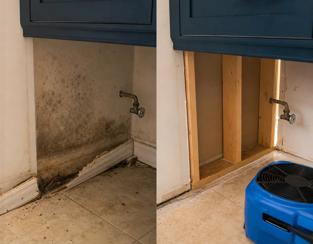 Before and after view of a bathroom vanity wall and baseboard following controlled mold removal and dry-out preparation