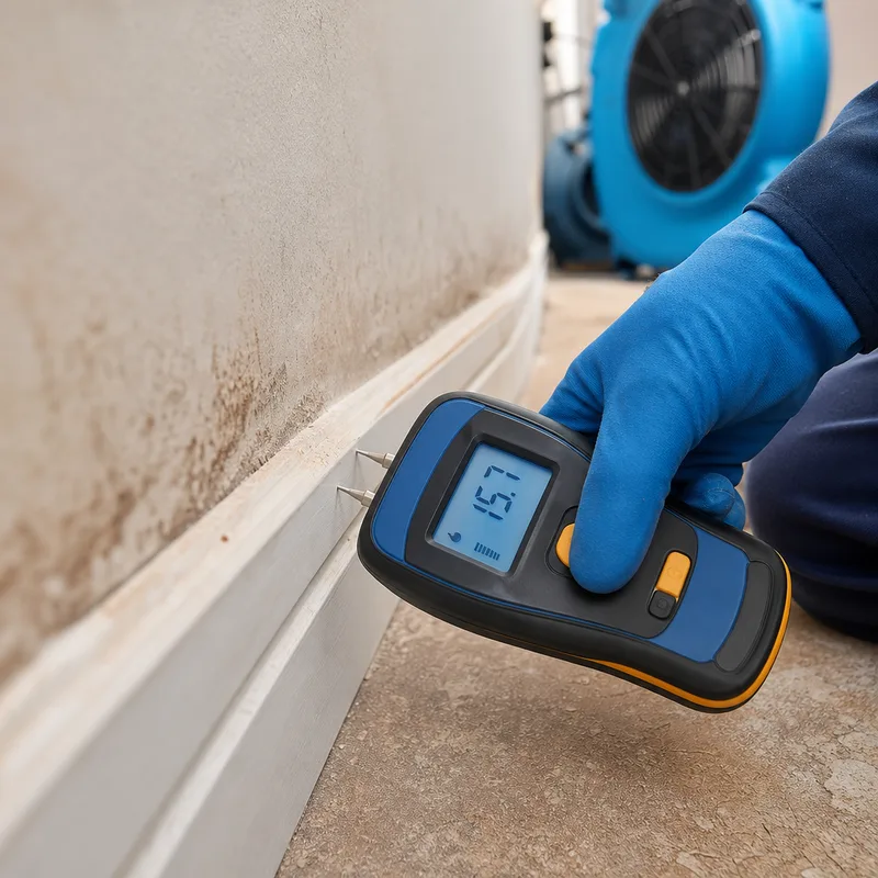 Moisture meter checking a stained baseboard and adjacent drywall for hidden dampness before mold remediation