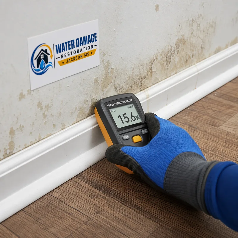 Moisture meter checking a stained baseboard and adjacent drywall for hidden dampness before mold remediation