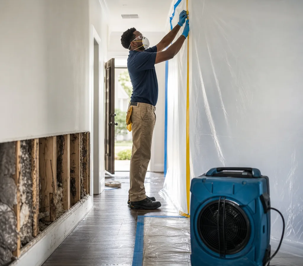 Technician in protective equipment setting up plastic containment with a HEPA air scrubber in a Jackson home hallway