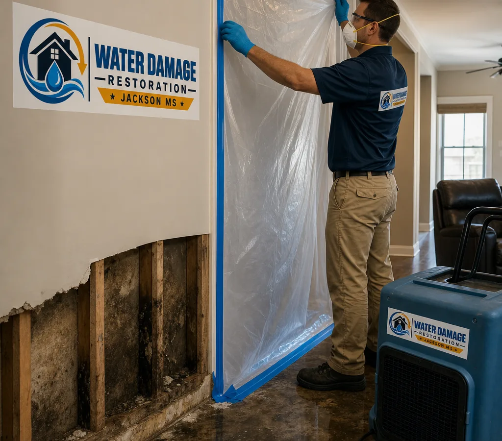 Technician in protective equipment setting up plastic containment with a HEPA air scrubber in a Jackson home hallway