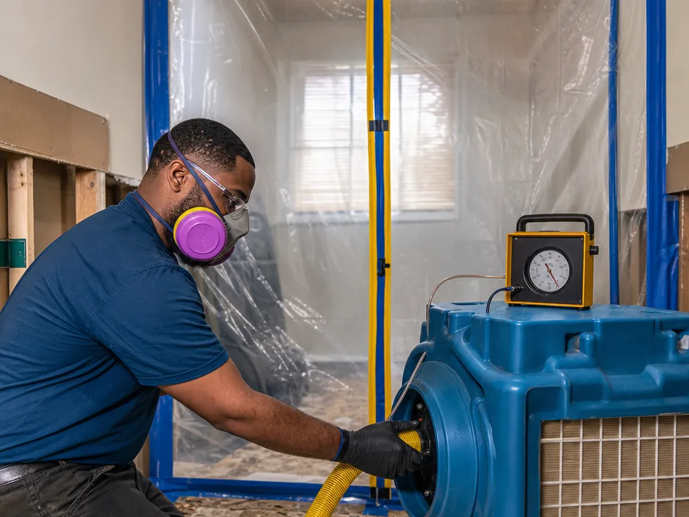 HEPA air scrubber and negative-air indicator operating inside a plastic-contained mold remediation work zone