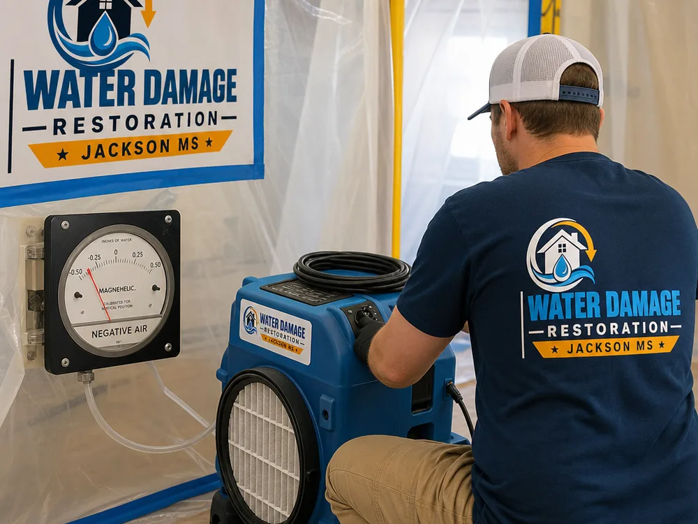 HEPA air scrubber and negative-air indicator operating inside a plastic-contained mold remediation work zone