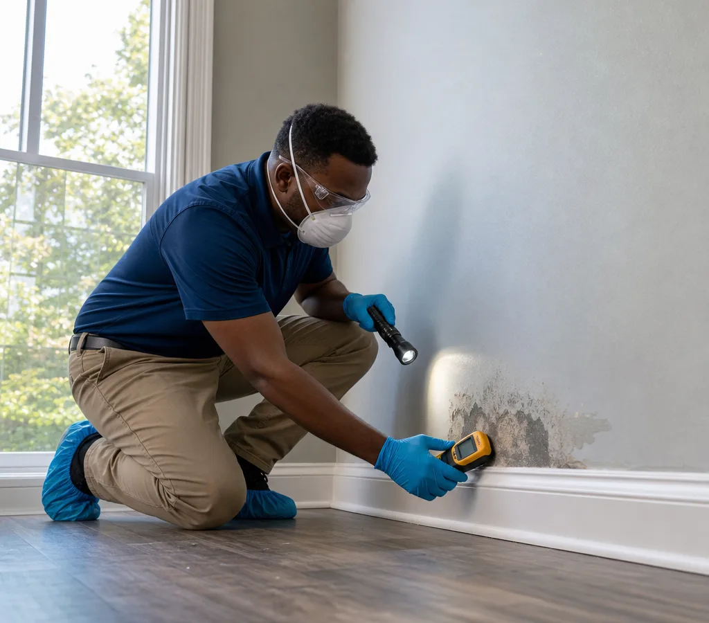 Certified technician inspecting an interior wall and baseboard in a Jackson home with a flashlight and moisture meter