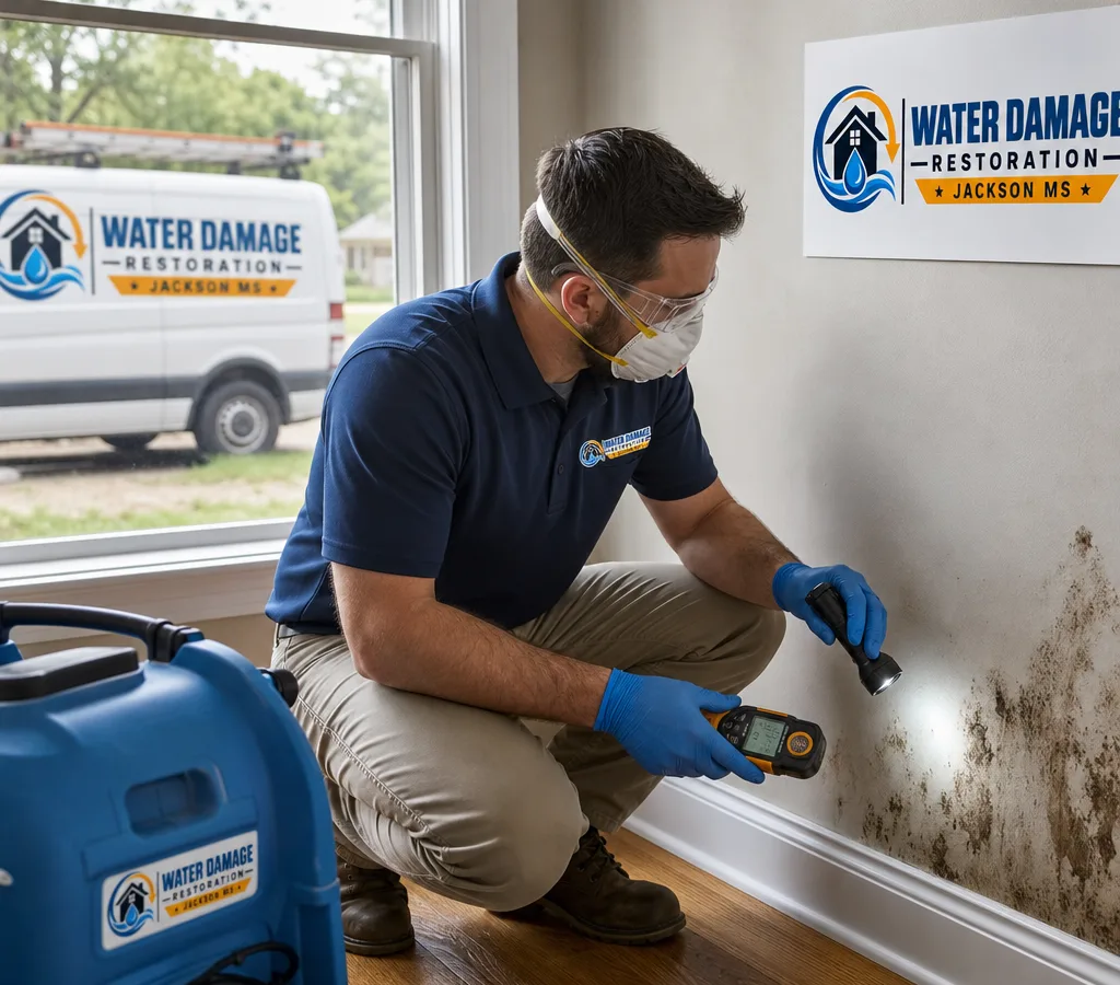 Certified technician inspecting an interior wall and baseboard in a Jackson home with a flashlight and moisture meter