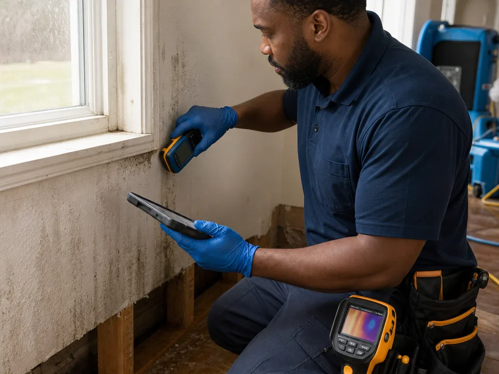 Technician taking a moisture reading near a window and documenting the location with an infrared camera nearby