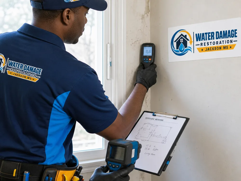 Technician taking a moisture reading near a window and documenting the location with an infrared camera nearby