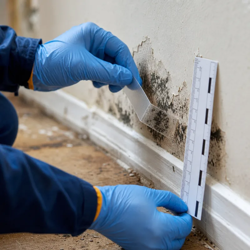 Labeled tape-lift sample collected from suspect growth on drywall near a baseboard