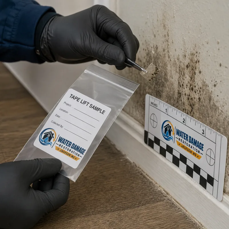 Labeled tape-lift sample collected from suspect growth on drywall near a baseboard