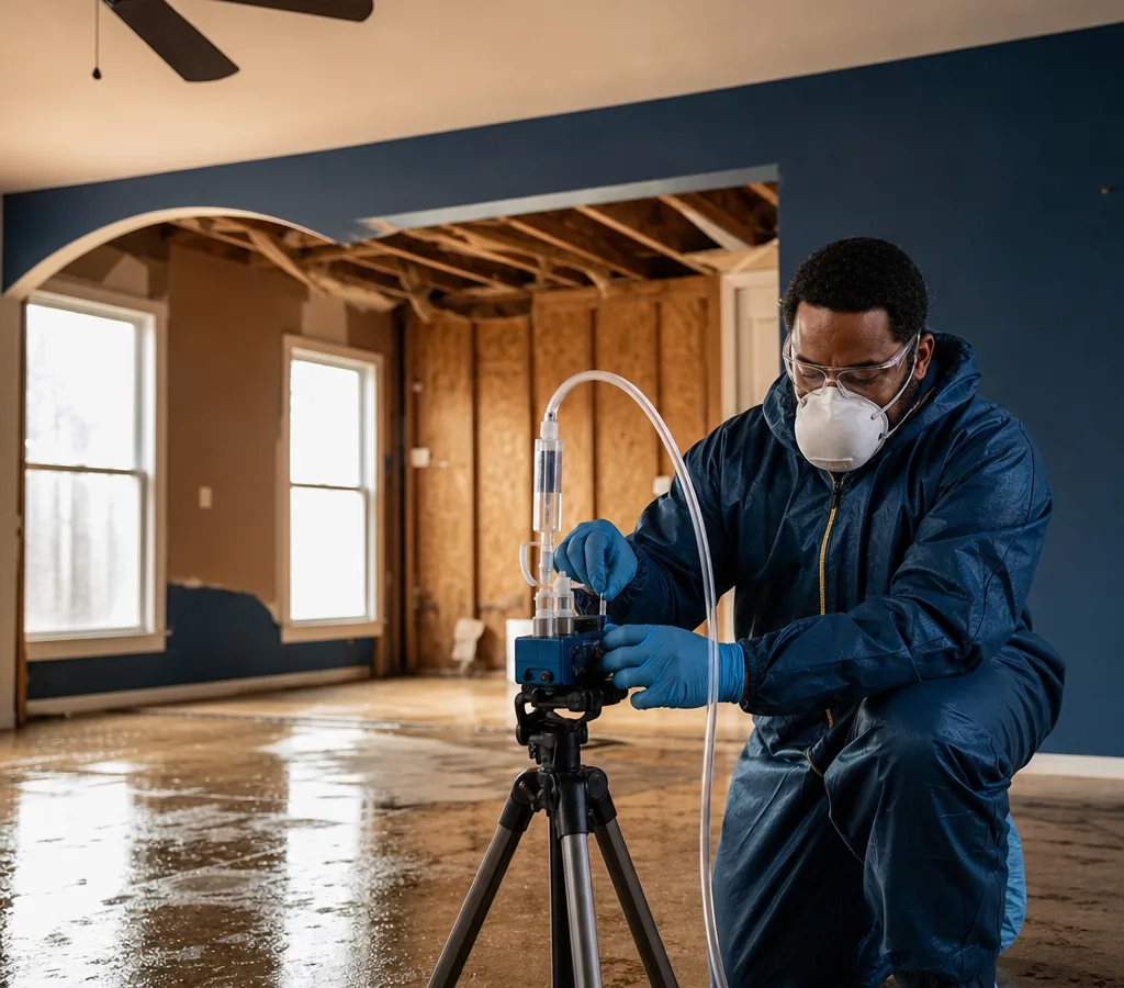Inspector in protective gear collecting an air sample inside a Jackson home using a portable pump and sample cassette