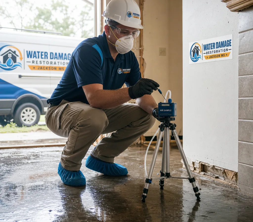 Inspector in protective gear collecting an air sample inside a Jackson home using a portable pump and sample cassette