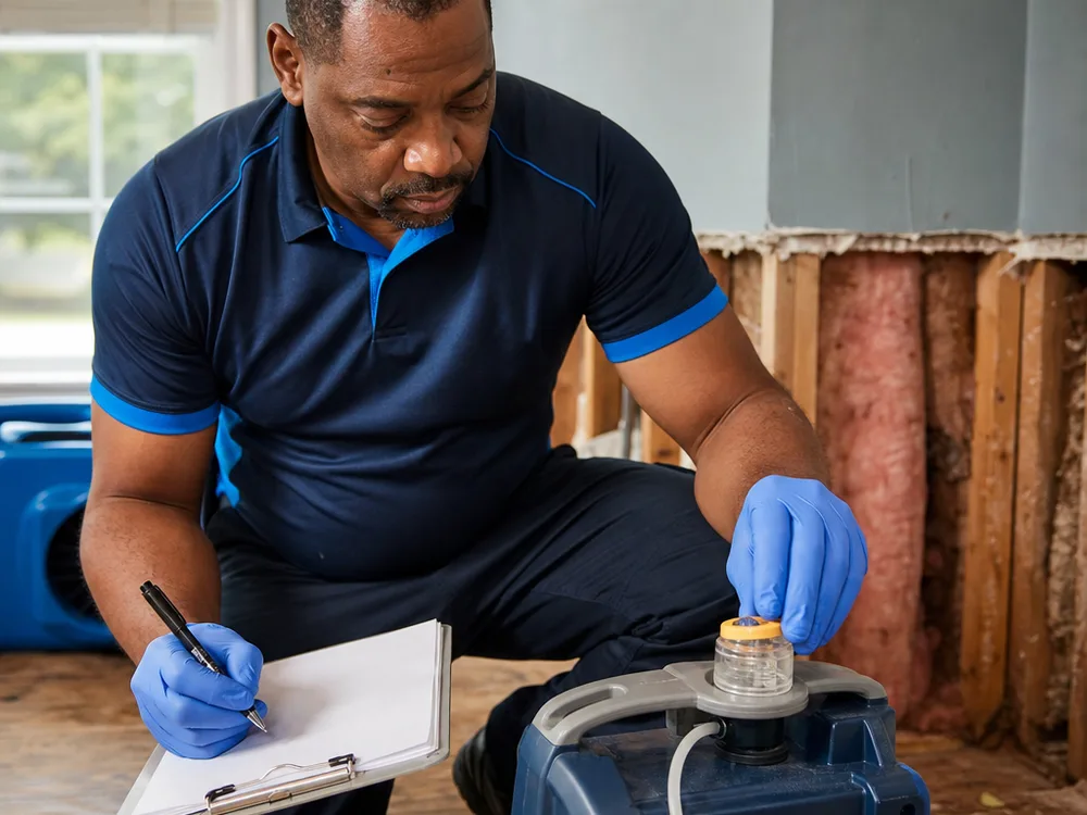 Technician placing a labeled sample cassette on an air sampling pump and recording the room location