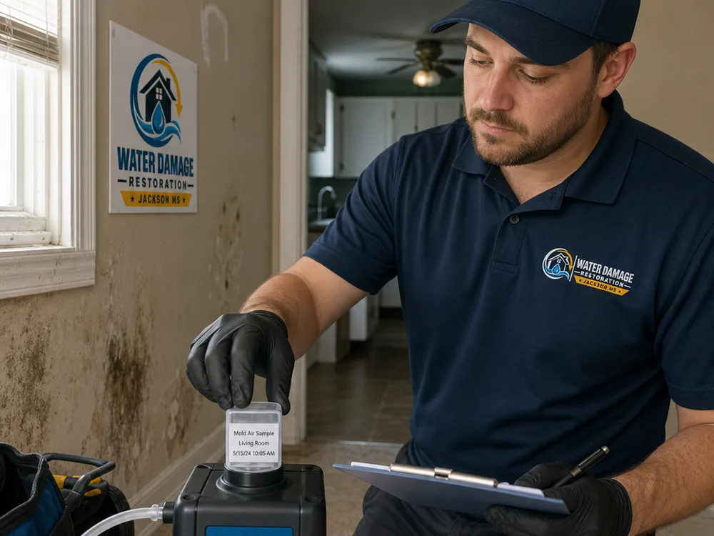 Technician placing a labeled sample cassette on an air sampling pump and recording the room location