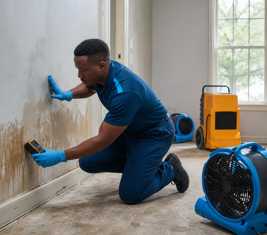 Technician using a moisture meter on a water-stained wall in a Jackson home while drying equipment runs