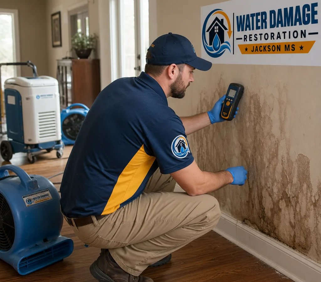Technician using a moisture meter on a water-stained wall in a Jackson home while drying equipment runs