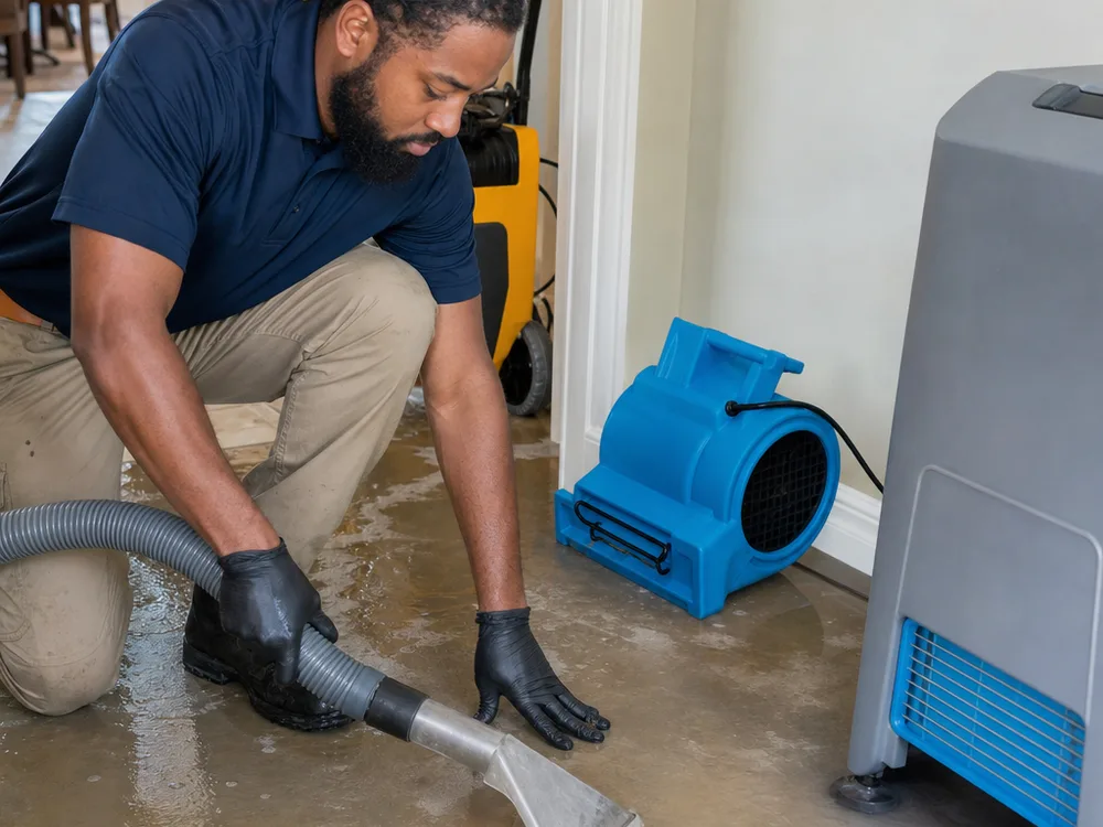 Water extraction hose and drying equipment working on a damp floor and baseboards