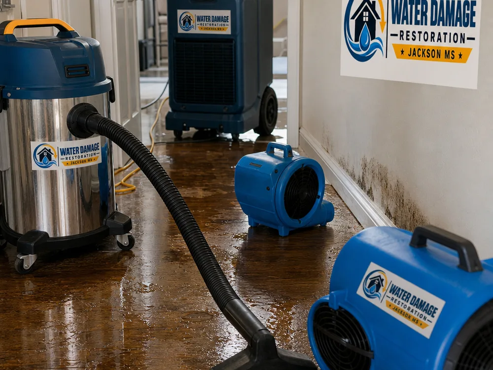 Water extraction hose and drying equipment working on a damp floor and baseboards