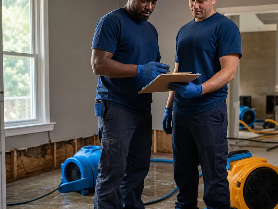 Two restoration technicians reviewing moisture readings beside drying equipment in a Jackson residence