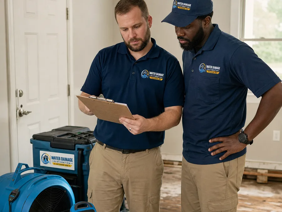Two restoration technicians reviewing moisture readings beside drying equipment in a Jackson residence
