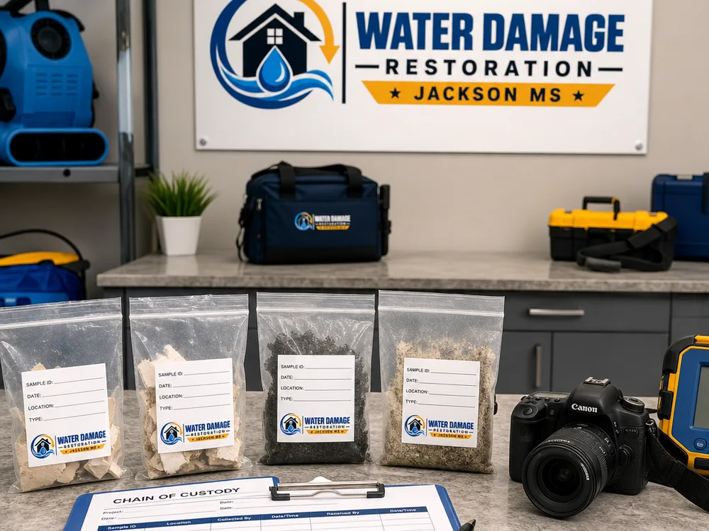 Clean staging area with sealed sample bags, chain-of-custody form, and documentation camera
